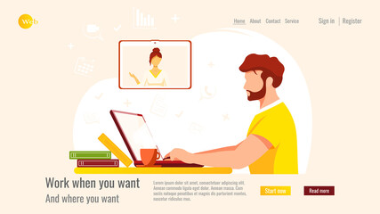 Website design. Freelancer man working on laptop and chatting. Home office, freelance, studying concept. Vector illustration for poster, banner, website development.