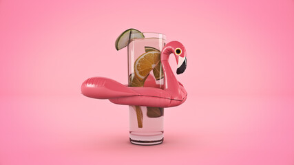 Fresh cocktail on inflatable pink flamingo toy Vacation concept. 3d rendering	