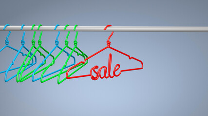 Hanger with the inscription SALE in red on a gray background. Copy space for text. 3d render.