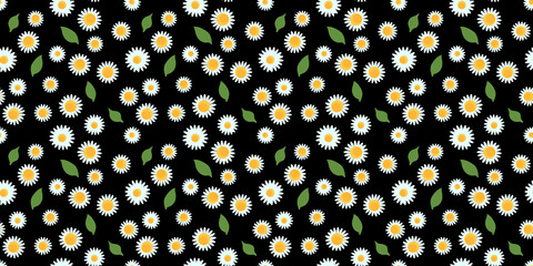 Chamomile flowers with leaf seamless pattern on black background. Vector illustration texture with small flowers. Fashion surface design. Wide banner. - 401852525