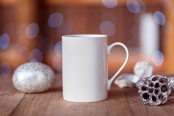 White porcelain coffee cup, mug on old wooden table