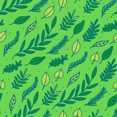 Hand drawn leaf seamless pattern. Green eco surface design. Vector textured background - 401852950