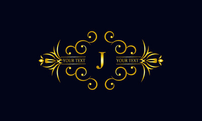 Elegant monogram design with letter J. Exclusive gold logo on a dark background for a symbol of business, restaurant, boutique, hotel, jewelry, invitations, menus, labels, fashion.