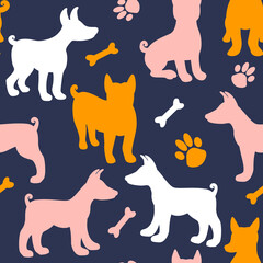 Dog silhouette seamless pattern. Surface design texture about Pet Dogs breed Basenji. Vector illustration color shape on dark blue background - 401853557