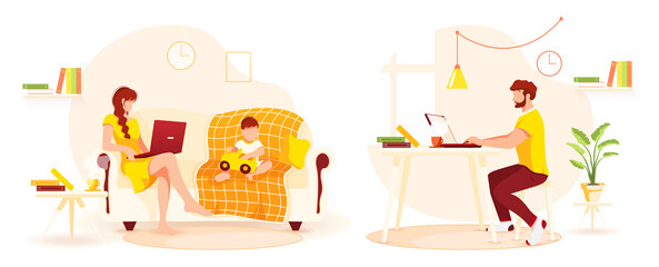 Man and woman working on laptops, near their baby playing with car. Home office, freelance, studying concept. Isolated vector illustration for flyer, poster, banner.