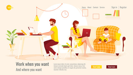Website design. Man and woman working on laptops, near their baby playing with car. Home office, freelance, studying concept. Vector illustration for poster, banner, website development.