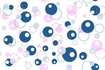 Abstract seamless pattern consisting of Big small circles and rings of different sizes pink blue green colors against white background.