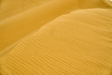 Yellow desert. Sand dunes. Blue sky and white clouds. Birds at sunset. Mountains of sand. The multi-colored sky. Feather clouds.