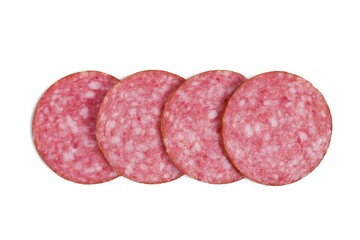 Sausage pieces on white isolated background. Close-up. Four pieces of sausage