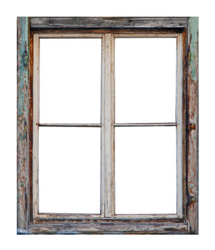 Vintage wooden window with four pane on white background