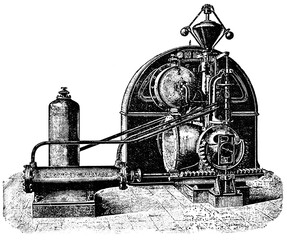 Cutaway water turbine by a French hydraulic engineer Louis Dominique Girard. Illustration of the 19th century. Germany. White background.