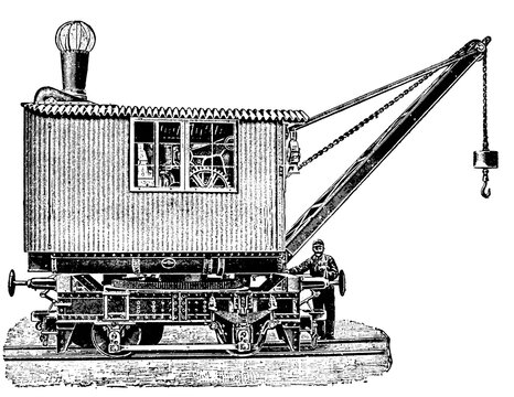 Steam crane. Illustration of the 19th century. Germany. White background.