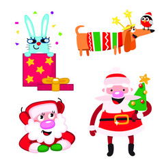 Set of Christmas elements. Santa Claus, rabbit in a gift box, a dachshund in a Christmas sweater. Christmas elements for stickers, cards, invitations, backgrounds, and more.