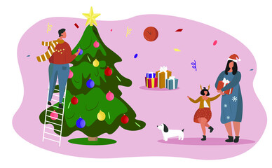 Obraz na płótnie Canvas Family Celebrating Merry Christmas.Happy Family Preparing for New Year.Parents and Their Kid Decorating Tree with dog.Joyful family near the New Year tree with tree balls and gift boxes. Flat vector.