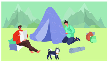 Camp Adventure and Family Trip or  Picnic with Dog.Camping with Active People Characters in Outdoor Travel.Camp in Wildlife Nature Forest.Summer Picnic Activity.Flat Vector Illustration