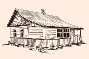 Hand sketch on a beige background. Old rustic wooden house in Russian style on a stone foundation with a tiled roof.