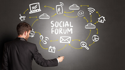 businessman drawing social media icons with SOCIAL FORUM inscription, new media concept
