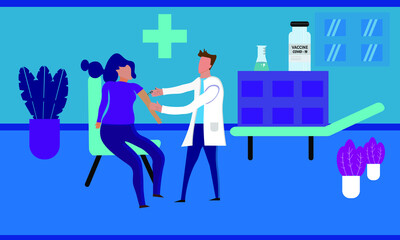 Doctor in hospital or clinic making vaccination in patient .Coronavirus vaccine and vaccination against covid-19 concept background.Medical healthcare banner template.Immunization vector illustration.