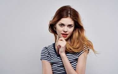 pretty woman striped t-shirt attractive look luxury glamor model