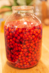 Manufacturer of tincture of mountain ash. Rowan berries in a glass jar. Vodka poured red berries.