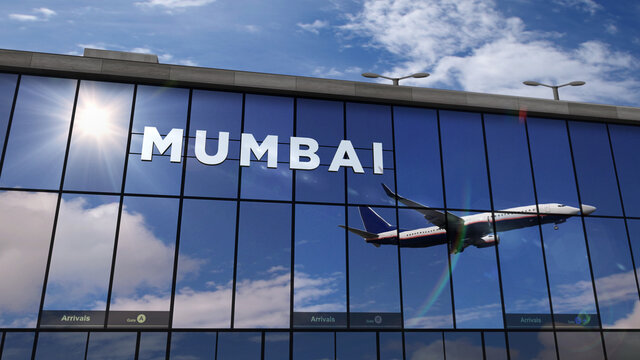 Airplane landing at Mumbai city, Bombay city India, Maharashtra airport