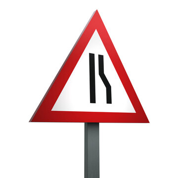 3D Render Road Sign of Road narrows on right Isolated on a White Background