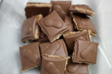 Pieces of chocolate in a glass bowl
