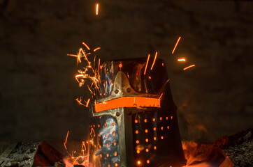 historic helmet on fire