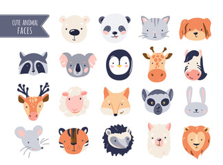 Cute animal baby faces set vector illustration. Hand drawn nursery characters collection for graphic, print, card or poster. Creative scandinavian funny kid design