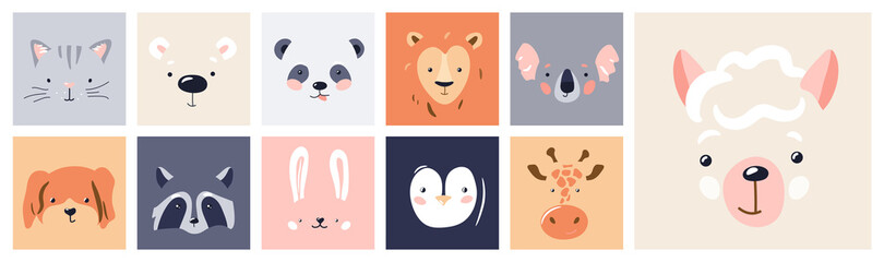 Cute animal baby face posters set vector illustration. Hand drawn nursery character card collection for graphic, print, card or poster. Trendy scandinavian funny kid design