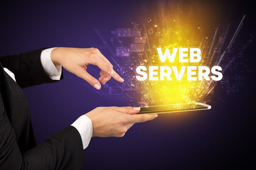 Close-up of a touchscreen with WEB SERVERS inscription, innovative technology concept
