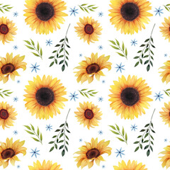Fototapeta na wymiar Watercolor flowers sunflower patterns, summer sunflowers digital paper pack, Seamless patterns