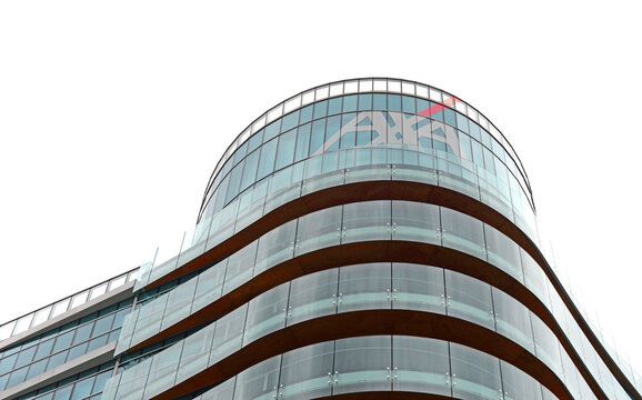 MILAN, ITALY – MARCH 3, 2016: Detail of the Axa building near Porta Garibaldi station in the Brera district on an overcast day. Axa is one of the biggest insurance and banking companies in the world