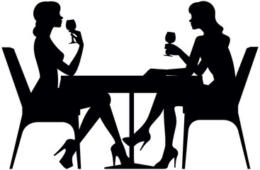 Two young women friends sit at a table of a cafe or restaurant and drink from glasses black stylized silhouette on a white background vector illustration