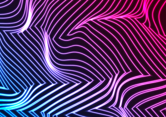 Abstract futuristic blue purple neon wavy refracted lines graphic design. Curved 3d flowing waves tech background. Vector illustration