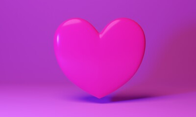 3d render. Glossy flying heart on purple background.