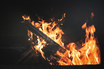 Burning fire in the fireplace abstract background.