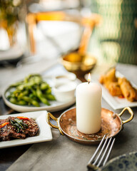 Restaurant table served with European fusion cuisine appetizers