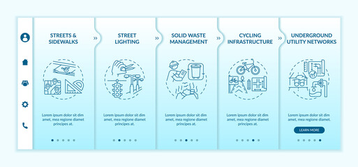 Urban engineering onboarding vector template. Waste management, infrastructure planning. Street lighting. Responsive mobile website with icons. Webpage walkthrough step screens. RGB color concept