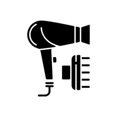 Hair dryer black glyph icon. Drying and styling hair. Hand-held electric blower. Preventing frizz. Hairstyling appliance. Blow drying. Silhouette symbol on white space. Vector isolated illustration