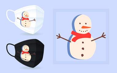Happy smiling snowman in scarf on face mask black, white mockup with abstract element. Winter season holiday modern RGB color shape clipart. Trendy isolated doodles on blue background