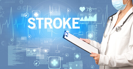 young doctor writing down notes with STROKE inscription, healthcare concept