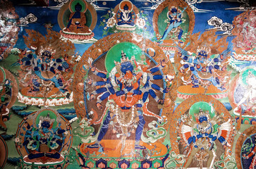 Buddhist temple, Buddhist stupa, Buddhist frescoes and icons, painting on the walls, Buddhist thangkas, Tibetan Buddhism, Ladakh, Zanskar, Tibet and the Tibetan plateau,