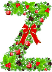 Letter Z with decoration for Christmas design and New Year with spruce tree and holly red berries. Creative initial Z letter vector. Creative Design vector Font for Title, Header, Lettering, Logo