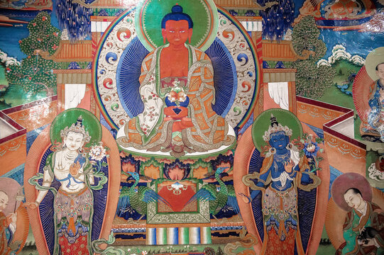 Buddhist temple, Buddhist stupa, Buddhist frescoes and icons, painting on the walls, Buddhist thangkas, Tibetan Buddhism, Ladakh, Zanskar, Tibet and the Tibetan plateau,