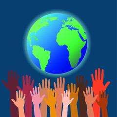 Group of hands of different colors and globe. People of the world, cultural and ethnic diversity. Save the blue Planet. People help and take care of the Earth. Template  for Earth Day. Save the World 