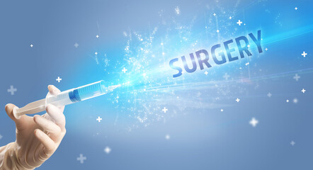 Syringe, medical injection in hand with SURGERY inscription, medical antidote concept