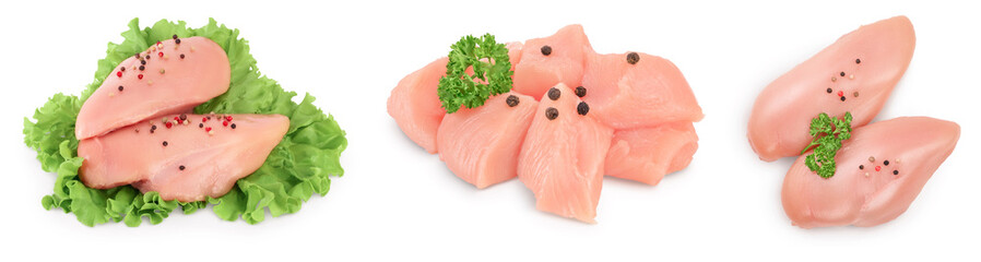 Fresh chicken fillet isolated on white background with full depth of field. Set or collection