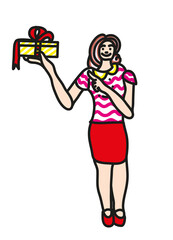 illustration of woman with Christmas gift.
Smiling woman holding christmas present with red bow.