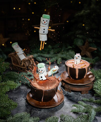 christmas background with hot chocolate and snowman